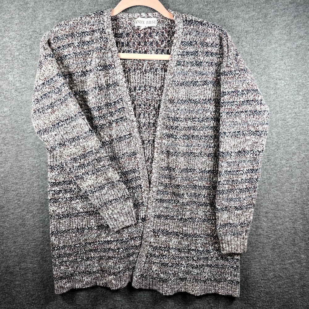 Knox Rose Women M Gray/Dark Grey Striped Marled‎ Cardigan Slight Red Accent